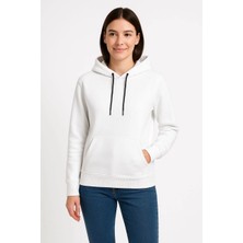 Kadın Üç Iplik Kapüşonlu Kanguru Çepli Sweatshirt Hoodie - Beyaz