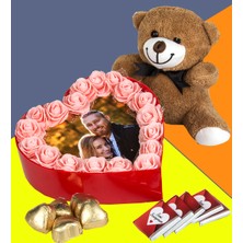 UltraMint Sevgililer Günü Fotoğraflı Kalp Kutu Çiçek Çikolata Peluş Ayıcık