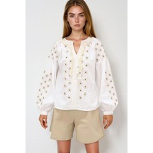 Lior Design Ekru Püskül Detaylı Nakış Işlemeli Pamuk Bluz BCHESQ-251089