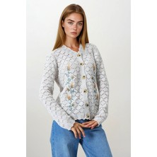 Lior Design Ekru Ajurlu Çiçek Nakışlı Düğmeli Triko Hırka BCHESQ-251158