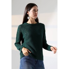 Lior Design Haki Bisiklet Yaka Motif Işlemeli Triko Kazak BCES-252036