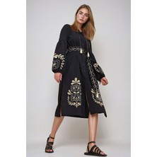 Lior Design Siyah Hakim Yaka Kemerli Çift Yırtmaçlı Keten Elbise BCHESQ-251042