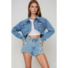 Lior Design Mavi Yıpratmalı Vintage  Dikiş Detaylı Crop Jean Ceket BCHNW-251179