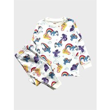 Elmas Kids Kız Çocuk %100 Pamuklu Beyaz Unıcorn Gökkuşağı Desenli Uzun Kollu Pijama Takımı