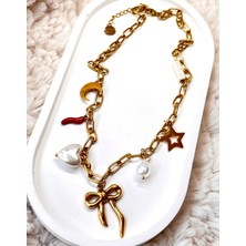 Zara Model Gold Charmlı Kurdele Detaylı 316L Paslanmaz Çelik Kolye