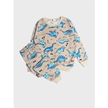 Aliş Kids Erkek Çocuk Pamuklu Şardonlu Bej Mavi Dinozor Desenli Uzun Kollu Kışlık Pijama Takımı