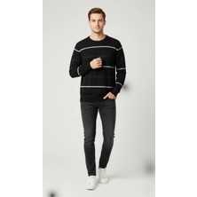 Erkek Bisiklet Yaka Cizgili Triko Kazak Yumuşak Dokulu Pamuklu Ince Dokuma, Uzun Kollu Rahat Regular Kalıp - Siyah