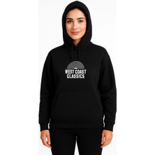 Tarz Yeri Kadın Kapşonlu Sweatshirt – Oversize Üç Iplik Şardonlu Hoodie, “west Coast Classics” Ön & Arka Baskılı, Kanguru Cepli Kışlık Günlük Stil - Siyah