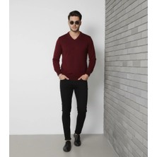 Erkek V Yaka Triko Kazak Yumuşak Dokulu Pamuklu Ince Dokuma, Uzun Kollu Rahat Regular Kalıp - Bordo