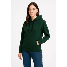 Kadın Üç Iplik Kapüşonlu Kanguru Cepli Sweatshirt Hoodie - Haki