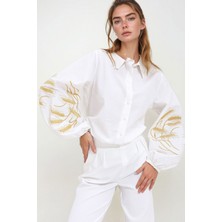 Lior Design Beyaz Kolları Işlemeli Poplin Dokuma Gömlek BCHESQ-251033