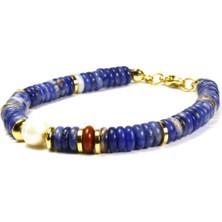 Ilgın Doğal Taş Takı Sodalit Taşı Bileklik | Gerçek Altın Kaplama ve Doğal Inci Detaylı El Yapımı Doğal Taş Takı