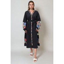 Lior Design Siyah V Yaka Full Nakışlı Astarlı Dokuma Elbise BCHESQ-251039