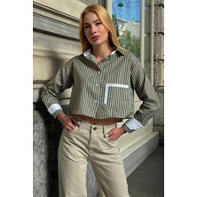 Lior Design Haki Manşet ve Cepleri Garnili Çizgili Oversize Crop Dokuma Gömlek BC231036