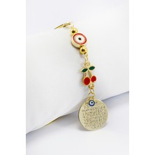 Nazar Kirazlı Metal Ayetel Kürsi Çerçevesi, Gold Renkli, Araba Dikiz Aynası Süsü