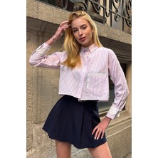 Lior Design Pembe Çizgili Manşet ve Cepleri Garnili Çizgili Oversize Crop Dokuma Gömlek BC231036