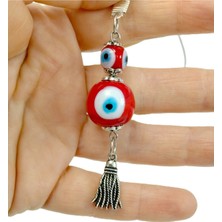 Kırmızı Cam Nazar Boncuğu Araba Dikiz Aynası Süsü El Yapımı Gold Renkli