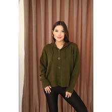 Lior Design Haki Düğmeli Kapüşonlu Soft Touch Triko Hırka BCES-253009