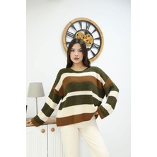 Lior Design Haki Bisiklet Yaka Çizgi Desenli Triko Kazak BCES-252006