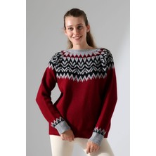 Lior Design Bordo Bisiklet Yaka Kar Desenli Triko Kazak BCES-252028