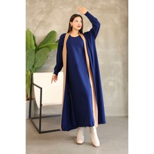 Lior Design Lacivert Bisiklet Yaka Elbise ve Hırka Tesettür Alt Üst Takım BCES-252024