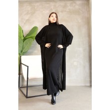 Lior Design Siyah Boğazlı Uzun Kol Triko Elbise ve Uzun Hırka Tesettür Alt Üst Triko Takım BCES-252039