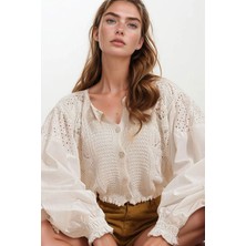 Lior Design Vanilya Bisiklet Yaka Ajrulu Kolları Fistolu Crop Triko Hırka BCHESQ-251002