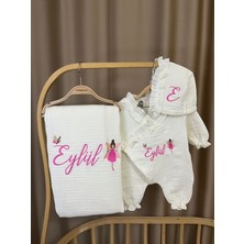 Handemnakış Tasarım Isimli Nakışlı Müslin 3'lü Hastane Çıkış Seti -Tulum Şapka Battaniye