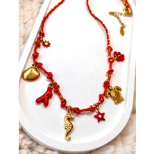 Zara Model Gold Charmlı Kırmızı Ipli 316L Paslanmaz Çelik Kolye