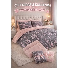 Suvay Çift Kişilik Welsoft Yorgan 2 Yastık Kılıfı Hediyeli, 195 x 215 cm Pudra Renkli Çift Taraflı  Love Pudra Yastık Kılıfı Hediyeli
