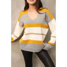 Lior Design Hardal V Yaka Çizgi Bloklu Triko Kazak BCES-252018