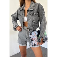 Lior Design Koyu Antrasit Çift Cepli Fermuarlı Yıkamalı Crop Denim Ceket BCDF-235410