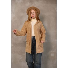 Lior Design Bisküvi Kapüşonlu Çift Cepli Yumuşak Dokulu Triko Hırka BCES-252016