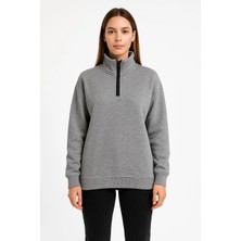 Kadın Üç Iplik Dık Yaka Yarım Fermuarlı Sweatshirt - Gri
