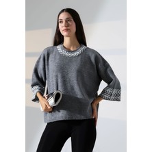 Lior Design Gri Bisiklet Yaka Desenli Triko Kazak BCES-252038