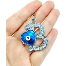 Parlak Taşlı Nazar Boncuklu Harfli Dikiz Aynası Süsü, Paslanmaz B Harfi