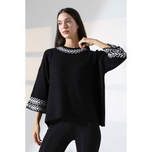 Lior Design Siyah Bisiklet Yaka Desenli Triko Kazak BCES-252038