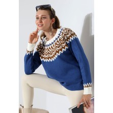 Lior Design Mavi Bisiklet Yaka Kar Desenli Triko Kazak BCES-252028