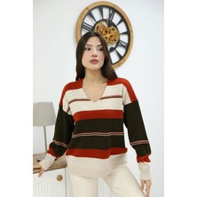 Lior Design Haki V Yaka Çizgi Bloklu Triko Kazak BCES-252018