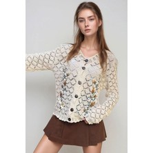 Lior Design Ekru Nakışlı Ajurlu Triko Hırka BCHESQ-251028