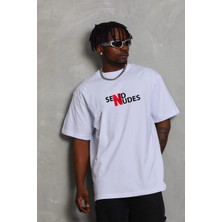 Erkek Bisiklet Yaka Double Oversize Baskılı T-Shirt - Beyaz