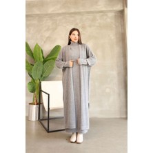 Lior Design Gri Boğazlı Uzun Kol Triko Elbise ve Uzun Hırka Tesettür Alt Üst Triko Takım BCES-252039