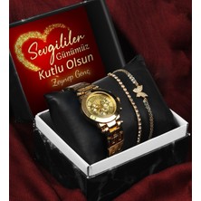UltraMint Kişiye Özel Gold Metal Saat, Kelebek ve Zirkon Taşlı Bileklik Seti