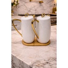 Buenos Buneos 2 Li Bambu Standlı Porselen Ayçiçek Yağı Zeytin Yağı Seti - Yağlık Sirkelik