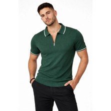 Tarz Yeri Erkek Fermuarlı Yaka Fitilli Triko Kısa Kollu Regular Fit Tişört T-Shirt - Yeşil