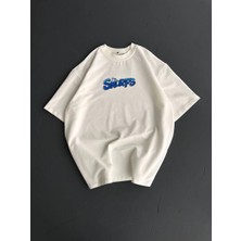 Tarz Yeri Erkek Ön ve Arka Baskılı Oversize Bisiklet Yaka T-Shirt- Beyaz
