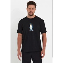 Erkek Oversize Tişört - Sırt Baskılı "survivor Penguin" Temalı, Felsefi Yazılı Bisiklet Yaka Tişört - Siyah