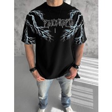 Erkek Bisiklet Yaka Yıldırım Baskılı Oversize T-Shirt-Siyah