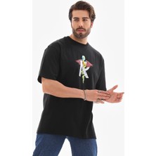 Tarz Yeri Unisex Bisiklet Yaka Baskılı Oversize T-Shirt - Siyah