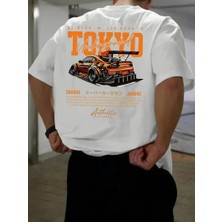 Erkek Turuncu Spor Araba Grafik Tişört - "tokyo" Baskılı Günlük Oversize Kısa Kollu Tişört, Yetişkinler Için Yazlık Giyim, Turuncu Araba Tasarımı - Beyaz